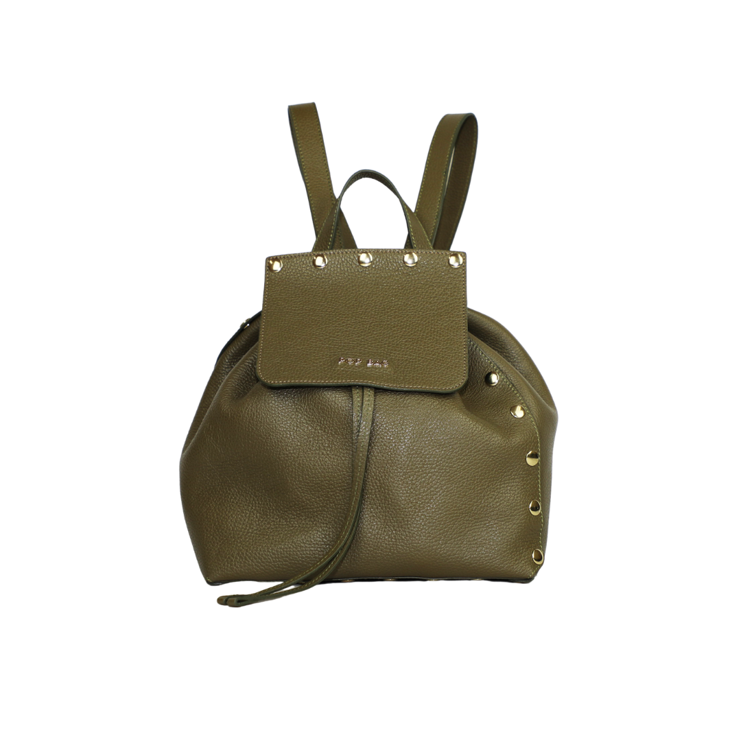 Pebbled Leather Backpack - Khaki - POP BAG USA