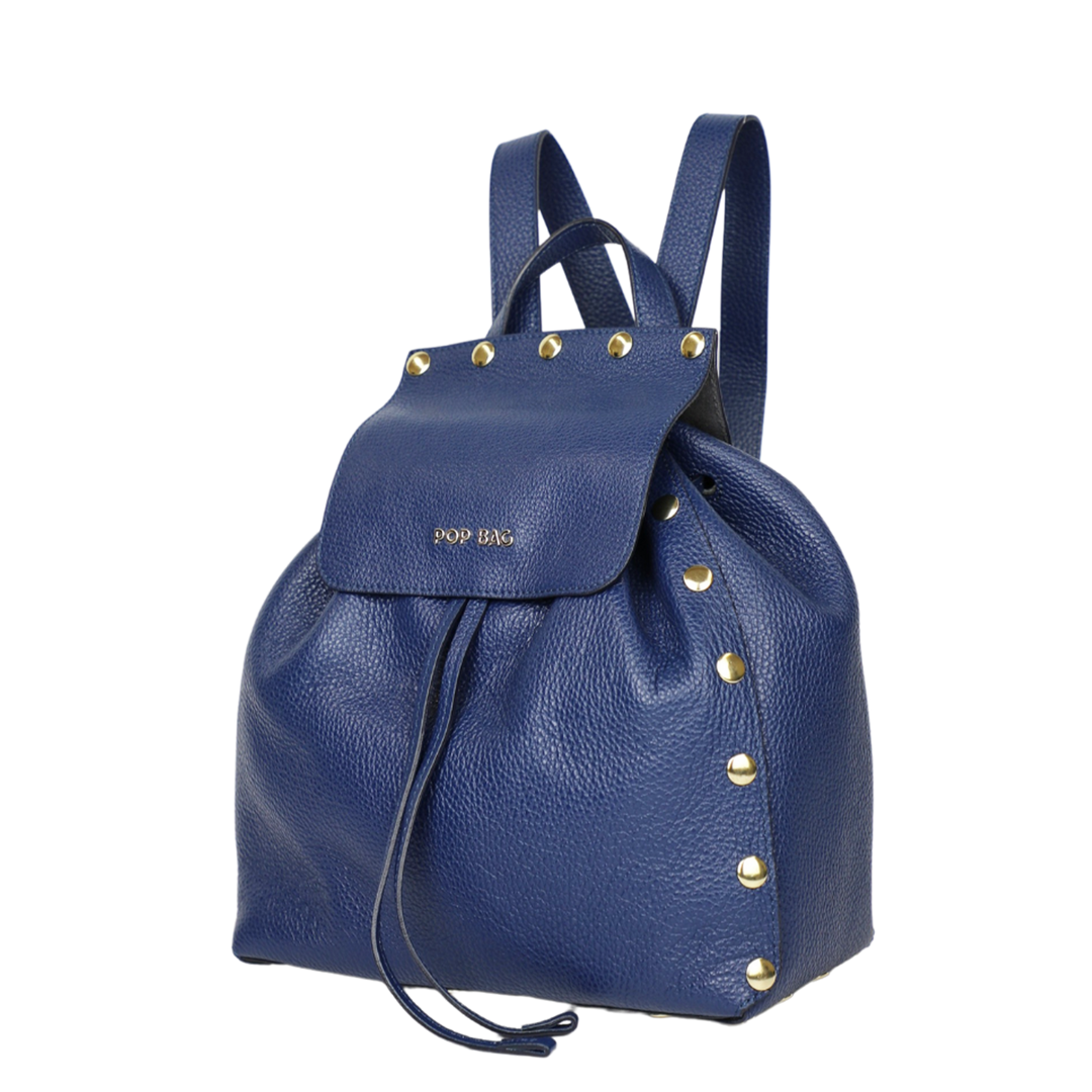 Pebbled Leather Backpack - Blue - POP BAG USA