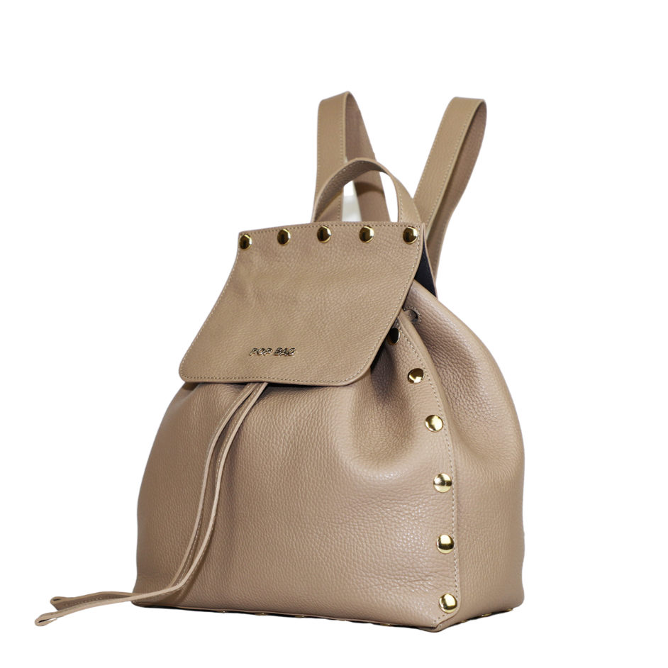 Pebbled Leather Backpack - Almond - POP BAG USA