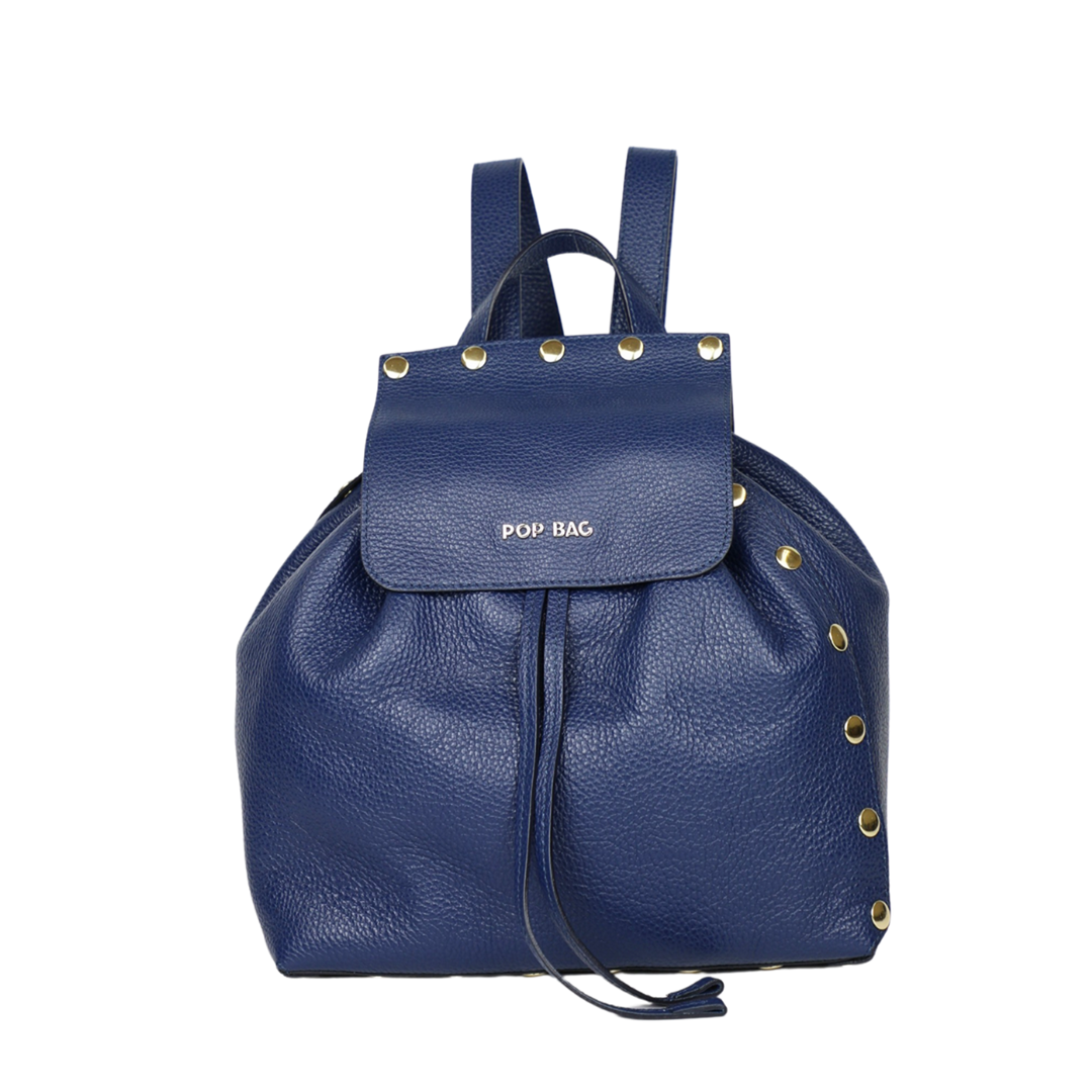 Pebbled Leather Backpack - Blue - POP BAG USA